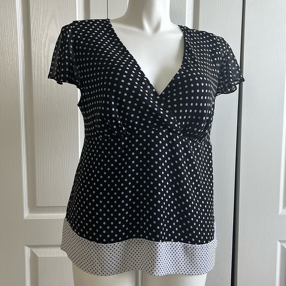 Lane Bryant Sz 14/16 Black and White Polka Dot Hi Waist Blouse w/ Matching Sash - Picture 8 of 10